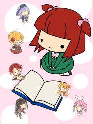 &gt;_&lt; 2boys 5girls :&gt; aged_down animal_ears beatrice_(umineko) black_hair blonde_hair book cape chibi chiester45 child dlanor_a._knox dress drill_hair flower grin hair_bobbles hair_bun hair_flower hair_ornament hat kashiwa_kiseri lion_ears lucifer_(umineko) multiple_boys multiple_girls open_book pink_hair purple_hair rabbit_ears red_hair sakutarou_(umineko) single_hair_bun sitting smile spoilers twintails two_side_up umineko_no_naku_koro_ni ushiromiya_ange ushiromiya_battler wariza