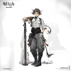 1boy animal_ears arknights black_shoes boots chinese_commentary copyright_name copyright_notice cow_ears cow_horns cow_tail full_body gloves grey_pants hand_in_pocket highres horns leaning looking_at_viewer male_focus official_art pants shirt shoes solo standing tail wan_qing_(arknights) watermark weibo_username weibo_watermark white_gloves white_shirt yellow_eyes yyb