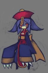 Rule 34 | 1girl, blue hair, chinese clothes, darkstalkers, grey background, hat, hsien-ko, jiangshi, noda rejinu, ofuda, red eyes, simple background, solo, very long sleeves