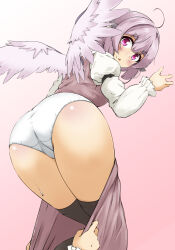 1girl 1other ahoge animal_ears ass ass_focus assisted_exposure bird_ears bird_wings black_socks blush brown_dress clothes_pull commentary_request d: dress grey_hair highres juliet_sleeves kneehighs long_sleeves looking_at_viewer looking_back medium_hair mepikari mystia_lorelei open_mouth panties pantsing pink_eyes puffy_sleeves pulling_another&#039;s_clothes simple_background skirt skirt_pull skirt_set socks solo_focus sweatdrop thick_eyebrows touhou triangle_mouth underwear white_background white_panties wings