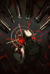 Rule 34 | 1boy, ammunition, back, bare shoulders, belt, black belt, black hair, bucky barnes, captain america: the winter soldier, captain america (series), crosshair, gun, highres, male focus, marvel, marvel cinematic universe, prosthesis, prosthetic arm, seiza, short hair, sitting, solo, solo focus, ssanagi00, weapon, winter soldier