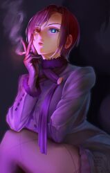 Rule 34 | 1girl, absurdres, aimyu0601, aozaki touko, aozaki touko (mahou tsukai no yoru), breasts, cigarette, coat, crossed arms, crossed legs, dress, fishnet pantyhose, fishnets, fur trim, gloves, glowing, glowing eye, hair between eyes, highres, holding, holding cigarette, large breasts, looking ahead, mahou tsukai no yoru, mystic eyes, mystic eyes of enchantment, pantyhose, red eyes, red hair, short hair, simple background, sitting, smoke, smoking, solo, type-moon