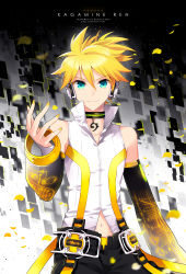 1boy bad_id bad_pixiv_id bare_shoulders bass_clef blonde_hair blue_eyes choker detached_sleeves headphones kagamine_len kagamine_len_(append) looking_at_viewer male_focus nardack navel outstretched_arm petals popped_collar short_hair sleeveless solo vocaloid vocaloid_append