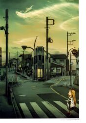 1girl 2012 :o abe_yoshitoshi absurdres artist_name bag blonde_hair building child cloud company_name copyright_notice crosswalk green_sky hairband highres lamppost long_hair looking_up non-web_source original outdoors power_lines road road_sign scan scenery sign sky solo street striped_clothes vanishing_point