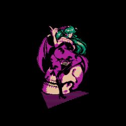 1girl animal_print ass bat_print bat_wings black_background breasts darkstalkers demon_girl from_behind fur-trimmed_leotard fur_trim green_eyes green_hair head_wings high_heels limited_palette long_hair looking_at_viewer looking_back morrigan_aensland mykar off-shoulder_leotard paid_reward_available pantyhose pixel_art print_pantyhose purple_pantyhose purple_wings simple_background skull solo wings