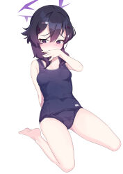 1girl absurdres blue_archive blush breasts hair_ornament halo haruka_(blue_archive) highres purple_eyes purple_halo raguredo school_swimsuit solo swimsuit white_background