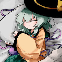Rule 34 | 1girl, bed sheet, black hat, buttons, closed eyes, commentary request, diamond button, eyeball, floral print, frilled shirt collar, frilled sleeves, frills, green hair, green skirt, hat, hat ribbon, head on pillow, heripantomorrow, komeiji koishi, lying, on side, pillow, ribbon, rose print, shirt, skirt, sleeping, squeans, third eye, touhou, unworn headwear, yellow ribbon, yellow shirt
