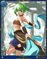 1girl armlet bare_shoulders border crop_top eyelashes from_side green_eyes green_hair holding_cloth jewelry jpeg_artifacts looking_at_viewer midriff official_art open_mouth outdoors ponytail ponzu_(catponz) shingeki_no_bahamut short_hair short_ponytail shorts solo third-party_source toeless_socks young_dancer