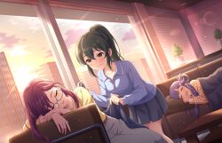 asari_nanami belt blanket blue_hair building buttons closed_eyes cloud fata_morgana_(idolmaster) game_cg glasses green_hair holding idolmaster idolmaster_cinderella_girls idolmaster_cinderella_girls_starlight_stage lying official_art ohishi_izumi on_side open_mouth pants plant ponytail potted_plant purple_hair red_eyes skirt sleeping smile sunlight sunset table window window_blinds yagami_makino