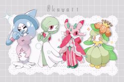 blue_hair bob_cut colored_skin dress flower game_freak gardevoir gen_3_pokemon gen_5_pokemon gen_7_pokemon gen_8_pokemon green_hair green_skin hair_flower hair_ornament hair_over_one_eye hatterene kurukuruni00 lilligant lurantis multicolored_hair multicolored_skin nintendo orange_eyes pink_eyes pokemon pokemon_(creature) prehensile_hair two-tone_skin white_dress white_skin