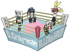 1girl allen_walker black_hair boxing boxing_ring d.gray-man heart kanda_yuu lavi lenalee_lee tagme timcanpy white_hair wrestling