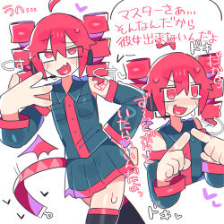 1girl drill_hair fang highres kasane_teto kasane_teto_(utau) red_eyes red_hair shoulder_tattoo skin_fang tattoo translation_request twin_drills utau wan_txt
