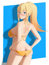 Rule 34 | 1girl, absurdres, artist name, ass, bikini, blonde hair, blue eyes, blush, breasts, butt crack, darkness (konosuba), hair ribbon, half-closed eyes, hands on own hips, highres, kono subarashii sekai ni shukufuku wo!, large breasts, legs, long hair, ponytail, ribbon, seductive gaze, seductive smile, sideboob, smile, solo, swimsuit, thighs, tongue, yellow bikini