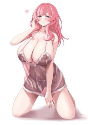 1girl azur_lane blue_eyes blush breasts cleavage comotaro covered_erect_nipples covered_navel hand_on_own_cheek hand_on_own_face heart huge_breasts kazan_(azur_lane) kazan_(the_warm_morning_sunshine)_(azur_lane) kneeling lingerie lips long_hair negligee panties pink_hair purple_negligee see-through_clothes shirt_overhang sidelocks smile solo standing underwear white_background