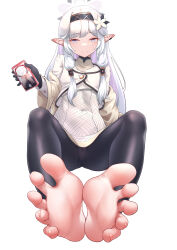 1girl absurdres barefoot blue_archive cameltoe cellphone doodle_sensei_(blue_archive) feet hairband highres himari_(blue_archive) long_hair looking_at_viewer off_shoulder phone pointy_ears presenting_feet sensei_(blue_archive) smartphone smile soles spread_toes toes