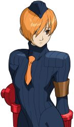 1girl armband armor bengus blue_pantyhose breasts brown_eyes cowboy_shot frown game_cg garrison_cap hair_between_eyes hair_bun hair_over_one_eye hat highleg highleg_leotard highres juni_(street_fighter) leotard looking_to_the_side necktie non-web_source official_art orange_hair orange_necktie pantyhose portrait ribbed_leotard shadaloo_dolls short_hair simple_background sleeved_leotard small_breasts solo standing street_fighter street_fighter_zero_(series) turtleneck upper_body vambraces white_background