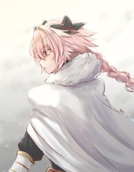 1boy astolfo_(fate) black_bow black_ribbon bow braid cape cloak coat crossdressing facing_to_the_side fate/apocrypha fate/grand_order fate_(series) fur-trimmed_cloak fur_trim grey_background hair_bow hair_intakes hair_ribbon highres long_hair male_focus multicolored_hair non-web_source overhead_lights pink_eyes pink_hair ribbon saaki_haruno serious signature simple_background single_braid streaked_hair trap white_cape white_cloak white_hair