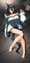 1girl ahoge alternate_costume animal_ears back barefoot black_hair blush breasts collarbone commentary_request drawstring earrings feet full_body grey_hoodie hair_between_eyes heart heart_ahoge highres hood hood_down hoodie horse_ears horse_girl horse_tail jewelry komb long_hair long_sleeves lying manhattan_cafe_(umamusume) multicolored_hair on_back on_bed puffy_long_sleeves puffy_sleeves single_earring small_breasts smile solo streaked_hair tail umamusume very_long_hair white_hair zipper
