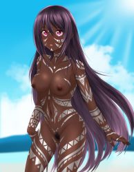 1girl artist_request completely_nude dark-skinned_female dark_skin female_pubic_hair long_hair midriff nipples nude pink_eyes pubic_hair purple_hair tribal
