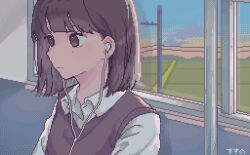 1girl asleep_onthebed blunt_bangs brown_eyes brown_hair brown_vest collared_shirt earbuds earphones expressionless highres mountainous_horizon original pixel_art plain power_lines shirt solo sunrise train_interior upper_body vest white_shirt