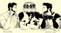 3boys annoyed beard bow bowtie boy_sandwich buttons clone_harem closed_mouth confused couple crossed_arms deadpool deadpool_&amp;_wolverine deadpool_(series) dress_shirt dual_persona elbows_on_table english_text eyepatch facial_hair formal_clothes frown gloves hand_hair hashtag-only_commentary highres jacket looking_around male_focus marvel mask monochrome multiple_boys muscular muscular_male no.6_(numberr_6) own_hands_together parody pectorals sandwiched shirt short_hair simple_background suit superhero_costume the_weaker_sex_1_(gibson) turning_head two-tone_bodysuit upper_body wolverine_(x-men) x-men yaoi