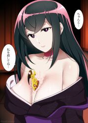 1girl absurdres bare_shoulders breasts brown_hair choker cleavage commentary_request dagger hair_between_eyes highres injury japanese_clothes katanagatari kimono knife large_breasts long_hair looking_at_viewer mattari_yufi obi off_shoulder sash solo translation_request upper_body veins weapon yasuri_nanami