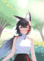 1girl animal_ear_fluff animal_ears bare_arms bare_shoulders black_hair black_skirt breasts brown_eyes cowboy_shot double-parted_bangs grin hair_ornament hairclip halter_shirt halterneck highres hololive kani_bonara large_breasts long_hair looking_at_viewer low_ponytail multicolored_hair official_alternate_costume ookami_mio ookami_mio_(street) outdoors ponytail red_hair shirt sidelocks skirt sleeveless sleeveless_shirt smile solo streaked_hair taut_clothes taut_shirt very_long_hair virtual_youtuber white_shirt wide_ponytail wolf_ears yellow_eyes