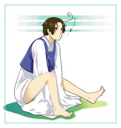 1boy ahoge axis_powers_hetalia bottomless brown_eyes brown_hair hanbok honnomusi323 humming korea_(hetalia) korean_clothes male_focus short_hair sitting sleeves_past_fingers sleeves_past_wrists solo translation_request white_background white_hanbok