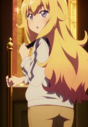 Rule 34 | 1girl, absurdres, anime screenshot, blonde hair, blue eyes, blush, dot nose, gabriel dropout, gabriel tenma white, highres, long hair, looking back, open mouth, pants, solo, standing, stitched, third-party edit