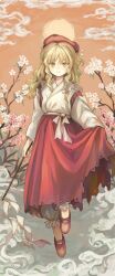 1girl beret blonde_hair bloomers bow closed_mouth commentary_request detached_sleeves flower flying full_body gohei hair_bow hakama hakama_skirt happy hat hat_ribbon highres holding holding_gohei hourai_girl_(touhou) japanese_clothes kimono long_hair long_sleeves mary_janes orange_skirt portrait_of_exotic_girls red_hakama red_hat red_shoes red_skirt ribbon sasami_(shiroi_fuwafuwa) sash shoes single_sidelock skirt skirt_hold smile solo touhou underwear wavy_hair white_bloomers white_bow white_flower white_kimono white_ribbon white_sash white_sleeves wide_sleeves yellow_eyes