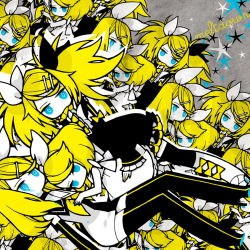 6+girls aged_up alternate_hairstyle black_thighhighs blonde_hair blue_eyes boots child clone detached_sleeves dress elbow_gloves gloves gozen4ji gozen4ji_(pixiv) hair_ornament hair_ribbon hairclip kagamine_rin kagamine_rin_(roshin_yuukai) kagamine_rin_(reactor) long_hair meltdown multiple_girls multiple_persona ribbon roshin_yuukai_(vocaloid) sailor_dress thighhighs twintails vocaloid zettai_ryouiki