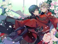 1boy 1girl absurdres ankle_boots armor blue_eyes blue_hair blush boots male_byleth_(fire_emblem) cape carrying carrying_person commission couple double_bun edelgard_von_hresvelg edelgard_von_hresvelg_(timeskip) eye_contact fire_emblem fire_emblem:_three_houses gloves hair_bun hair_ornament hetero high_heel_boots high_heels highres horn_ornament horns husband_and_wife kitou_saji long_hair long_sleeves looking_at_another nintendo open_mouth princess_carry purple_eyes red_cape short_hair skeb_commission white_hair