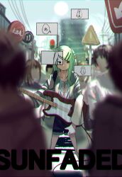 Rule 34 | 1girl, blue shorts, building, camisole, coat, crowd, electric guitar, fender mustang, gakuen idolmaster, grey hair, guitar, hair ornament, hairclip, highres, holding, holding guitar, holding instrument, idolmaster, instrument, jacket, long hair, mosaic art, music, niwatoko towani, open clothes, open coat, orange eyes, playing guitar, playing instrument, road sign, shinosawa hiro, shirt, shorts, sign, song name, sun, sunfaded (idolmaster), white camisole, white coat
