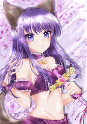 absurdres animal_ear_fluff animal_ears bandeau bare_shoulders blush breasts cleavage closed_mouth collarbone fujiwara_zakuro highres holding holding_weapon large_breasts long_hair mew_zakuro midriff navel purple_bandeau purple_eyes purple_hair purple_tube_top stomach strapless tail tokyo_mew_mew tsukishiro_yayoi_(yumeir0) tube_top weapon wolf_ears wolf_girl wolf_tail zacross_whip