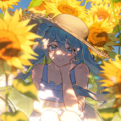 Rule 34 | 1girl, aqua eyes, aqua hair, bare shoulders, blue eyes, blue hair, collarbone, dappled sunlight, dress, flower, grin, hair between eyes, hat, hatsune miku, head rest, kirina zero, long hair, looking at viewer, sleeveless, smile, solo, squatting, straw hat, summer, sundress, sunflower, sunlight, twintails, very long hair, vocaloid, white dress