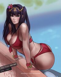 Rule 34 | 1girl, absurdres, ass, bare shoulders, bikini, black eyes, black hair, blush, breasts, cleavage, fire emblem, fire emblem awakening, flower, hair flower, hair ornament, highres, large breasts, long hair, looking at viewer, nintendo, noxanne, sleeveless, swimsuit, tharja (fire emblem), thong, thong bikini, twintails, water