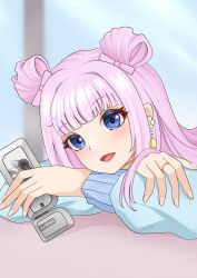 1girl arms_on_table assault_lily blue_eyes blue_jacket blunt_bangs blurry blurry_background bow cellphone commentary crossed_arms day double_bun earrings fingernails flower_earrings food-themed_earrings food_themed_earrings hair_bow hair_bun hands_up head_on_arm head_rest highres holding holding_phone imai_tomohiro indoors jacket jewelry lemon_earrings light_blush long_hair long_sleeves looking_at_viewer official_alternate_costume open_mouth phone pink_bow pink_hair portrait ring smartphone smile solo table tamba_akari window
