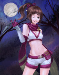 1girl ;q bare_shoulders breasts brown_eyes brown_hair cleavage contrapposto crop_top female_focus full_moon gauntlets gloves high_ponytail kunai kunoichi_(sengoku_musou) moon navel night ninja one_eye_closed p-towaco pink_scarf ponytail pouch scarf sengoku_musou sengoku_musou_3 shorts solo standing tongue tongue_out towako_(8666961) tree twc_(p-towaco) weapon wink