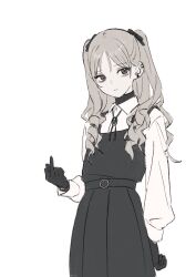 Rule 34 | 1girl, arm at side, bags under eyes, belt, black belt, black dress, black eyes, black gloves, black ribbon, black undershirt, bolo tie, brown hair, collared shirt, commentary request, cowboy shot, dress, ear piercing, earrings, expressionless, gloves, gomibako (gomibako price), grey background, hair ribbon, hand up, highres, jewelry, long hair, long sleeves, looking at viewer, middle finger, original, pale skin, piercing, pinafore dress, ribbon, shirt, sleeveless, sleeveless dress, solo, standing, turtleneck, turtleneck shirt, two side up, white shirt, yukino kanna (gomibako (gomibako price))