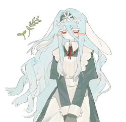 1girl animal_ears apron black_dress blue_hair blush_stickers dress eunoia_(frozen_soul) fish_193 frozen_soul highres juliet_sleeves long_hair long_sleeves looking_at_viewer neck_ribbon puffy_sleeves rabbit_ears red_eyes red_ribbon ribbon roblox sidelocks simple_background solo very_long_hair white_apron white_background wrist_cuffs