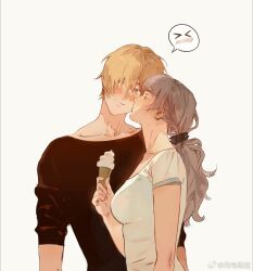 1boy 1girl blonde_hair couple food gba_dod ice_cream kiss kissing_cheek original smile white_background