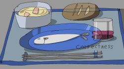 bowl bread chopsticks cup drinking_glass english_text fish food food_focus highres loaf_of_bread no_humans original plate soup still_life tsukumizu_yuu