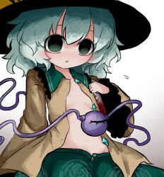 1girl :o blood bloody_knife blouse blush buttons commentary_request diamond_button floral_print flying_sweatdrops frilled_shirt_collar frilled_sleeves frills gradient_background green_eyes green_hair green_skirt groin hat hat_ribbon heripantomorrow holding holding_knife knife komeiji_koishi long_sleeves naked_shirt no_bra no_panties open_mouth reverse_grip ribbon shirt short_hair skirt solo third_eye touhou unbuttoned unbuttoned_shirt yellow_ribbon yellow_shirt