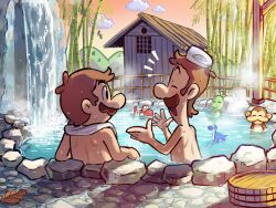 2boys :d ^_^ bamboo bamboo_forest bathhouse black_eyes blush brothers brown_hair bucket closed_eyes cloud dorrie facial_hair fence forest hands_up highres hill leaf looking_at_another luigi male_focus mario mario_&amp;_luigi_rpg mario_(series) masanori_sato_(style) monkey multiple_boys mustache nature nintendo notice_lines onsen open_mouth orange_sky outdoors partially_submerged pea_(mario) red_yoshi rock shared_bathing short_hair siblings sky smile steam topless_male towel towel_around_neck towel_on_head ukiki water waterfall wet wooden_bucket ya_mari_6363 yoshi
