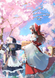 6+girls :d absurdres alice_margatroid apron arm_ribbon arm_up backpack bag basket beer_crate black_hat black_skirt black_vest black_wings blonde_hair blue_dress blue_eyes blue_sky blunt_bangs blush bottle bow braid brown_hair brown_horns buttons camera capelet cherry_blossoms clear_sky closed_eyes collar collared_capelet commentary_request crate crossed_arms cuffs day dedemaru detached_sleeves dot_nose dress drinking facing_another falling_petals feathered_wings feet_out_of_frame film_grain floating_hair flying frilled_hair_tubes frilled_skirt frills from_below geta glass_bottle glowing glowing_petals gourd green_bow grey_hair hair_between_eyes hair_bow hair_tubes hakurei_reimu half_updo hand_on_own_hip hat hat_bow highres holding holding_basket holding_bottle holding_camera holding_crate holding_gourd holding_picnic_basket holding_umbrella horns ibuki_suika izayoi_sakuya kirisame_marisa long_dress long_hair long_sidelocks long_skirt maid_headdress medium_hair mob_cap multiple_girls neckerchief one_eye_closed open_mouth outdoors outstretched_arm parasol petals picnic_basket pink_dress pink_hat pink_petals ponytail profile purple_hair red_bow red_neckerchief red_ribbon red_sash red_shirt red_skirt remilia_scarlet ribbon ribbon-trimmed_dress ribbon-trimmed_sleeves ribbon_trim sarashi sash shameimaru_aya shirt short_sleeves side_braid sidelocks skirt skirt_set sky sleeveless sleeveless_shirt smile standing taking_picture tengu-geta tokin_hat torn_clothes torn_sleeves touhou tree triangle_mouth umbrella vest waist_apron walking white_apron white_bow white_capelet white_collar white_shirt white_sleeves white_umbrella wide_brim wide_sleeves wings witch_hat
