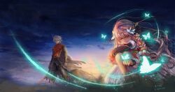 Rule 34 | 1boy, 1girl, a.tong, ankle socks, armor, black pants, blue sky, bracer, breastplate, bug, butterfly, butterfly on hand, character request, closed eyes, closed mouth, cloud, dated, dress, eyelashes, faulds, field, floating clothes, floating hair, flower, full body, fur wrist cuffs, gradient sky, grey hair, grey socks, highres, holding, holding sword, holding weapon, insect, light blush, light particles, lipstick, long dress, long hair, mahou tsukai to kuroneko no wiz, makeup, outdoors, pants, pink flower, pink lips, pink rose, pleated dress, rose, signature, sky, smile, socks, squatting, standing, sword, twilight, very long hair, wavy hair, weapon, white dress, white wrist cuffs, wind, wrist cuffs, yellow sky