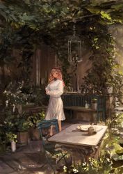 1girl absurdres bench birdcage blush brown_eyes brown_hair cage collared_dress crown_of_thorns cup dress expressionless female_focus flats flower hand_on_own_chest highres holding_own_arm ivy lm7_(op-center) long_hair long_sleeves looking_at_viewer mug original outdoors plant plate potted_plant solo standing table white_dress