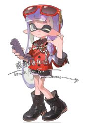 Rule 34 | 1girl, black boots, black shorts, boots, cellphone, closed mouth, commission, dolphin shorts, eyewear on head, flip phone, full body, highres, holding, holding phone, inkling, inkling girl, inkling player character, jacket, long hair, nintendo, one eye closed, p-pepper, phone, pointy ears, red-framed eyewear, red jacket, short eyebrows, shorts, simple background, smile, solo, splatoon (series), splatoon 3, sunglasses, tentacle hair, thank you, thick eyebrows, watermark, white background