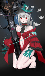 Rule 34 | 1girl, absurdres, aqua gloves, arknights, bare legs, bare shoulders, barefoot, between legs, cape, closed mouth, clothing cutout, collarbone, feet, female focus, full body, gloves, hat, highres, kneeling, leotard, long sleeves, looking at viewer, navel, navel cutout, red cape, red eyes, red leotard, red lips, skadi (arknights), skadi the corrupting heart (arknights), solo, sword, thighs, toes, weapon, witch hat, ylcken