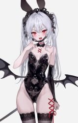1girl animal_ears bare_shoulders black_leotard breasts brown_thighhighs choker commission covered_navel cowboy_shot detached_collar detached_sleeves fangs fymrie hand_up headdress highleg highleg_leotard highres leotard long_hair looking_at_viewer low_wings mask mask_pull mouth_mask open_mouth original pink_choker playboy_bunny pointy_ears pulling_own_clothes rabbit_ears red_eyes second-party_source simple_background single_detached_sleeve small_breasts solo standing strapless strapless_leotard sweatdrop tail thighhighs thighs twintails v-shaped_eyebrows white_background white_hair wings